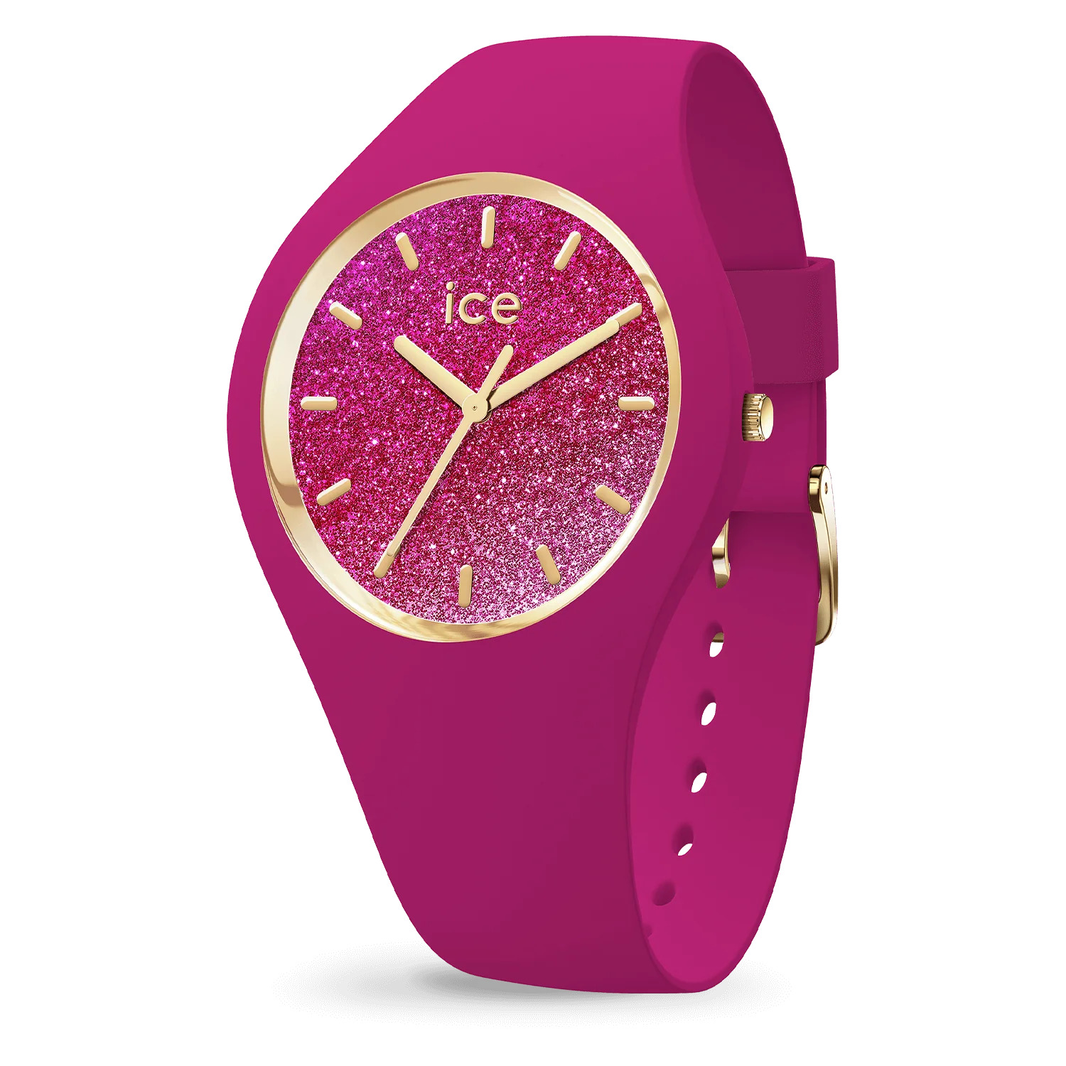 Dit is een horloge van het merk Ice-Watch. De bandkleur van dit horloge is fuchcia en heeft en glitter wijzerplaat